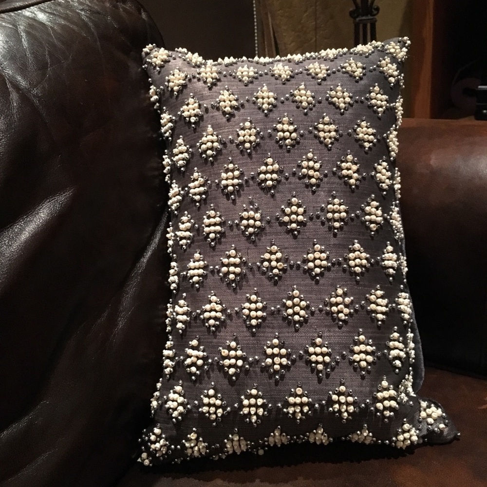 John Robshaw Pillow Metallic Gunmetal Gray Beading